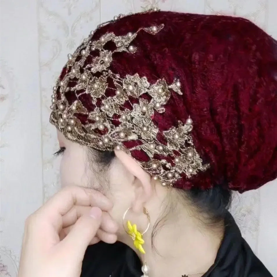 Ladies Personality Ethnic Beaded Hat Gauze Headscarf