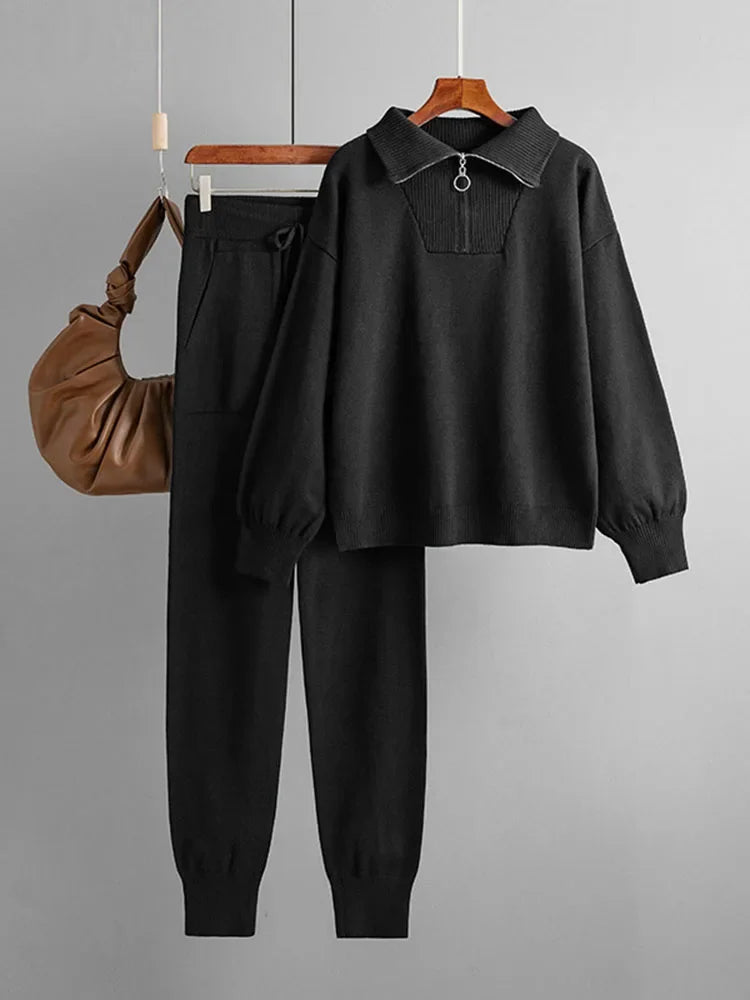 Women Casual Knitwear Pullovers Tops Conjuntos High Waist Jogger Pants Tracksuit