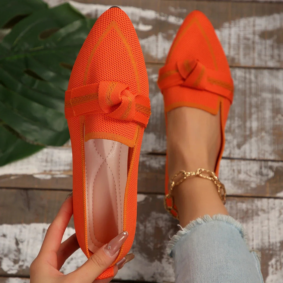 Women Flats 2024 New Knitted Slip Breathable Comfortable Solid Color Shoes