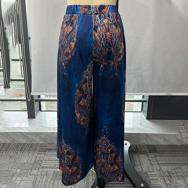 Women's Wide Leg Retro Ethnic Print Velvet Trousers