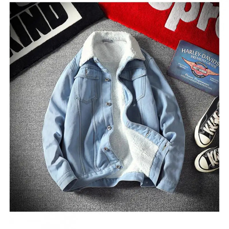 Men's Vintage Fleece Lined Denim Jacket Long Sleeve
