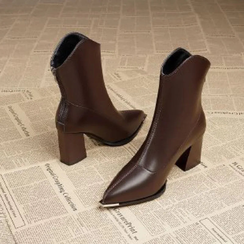 Women's autumn winter thick heeled pointed high-heeled short boots anti slip warm shoes