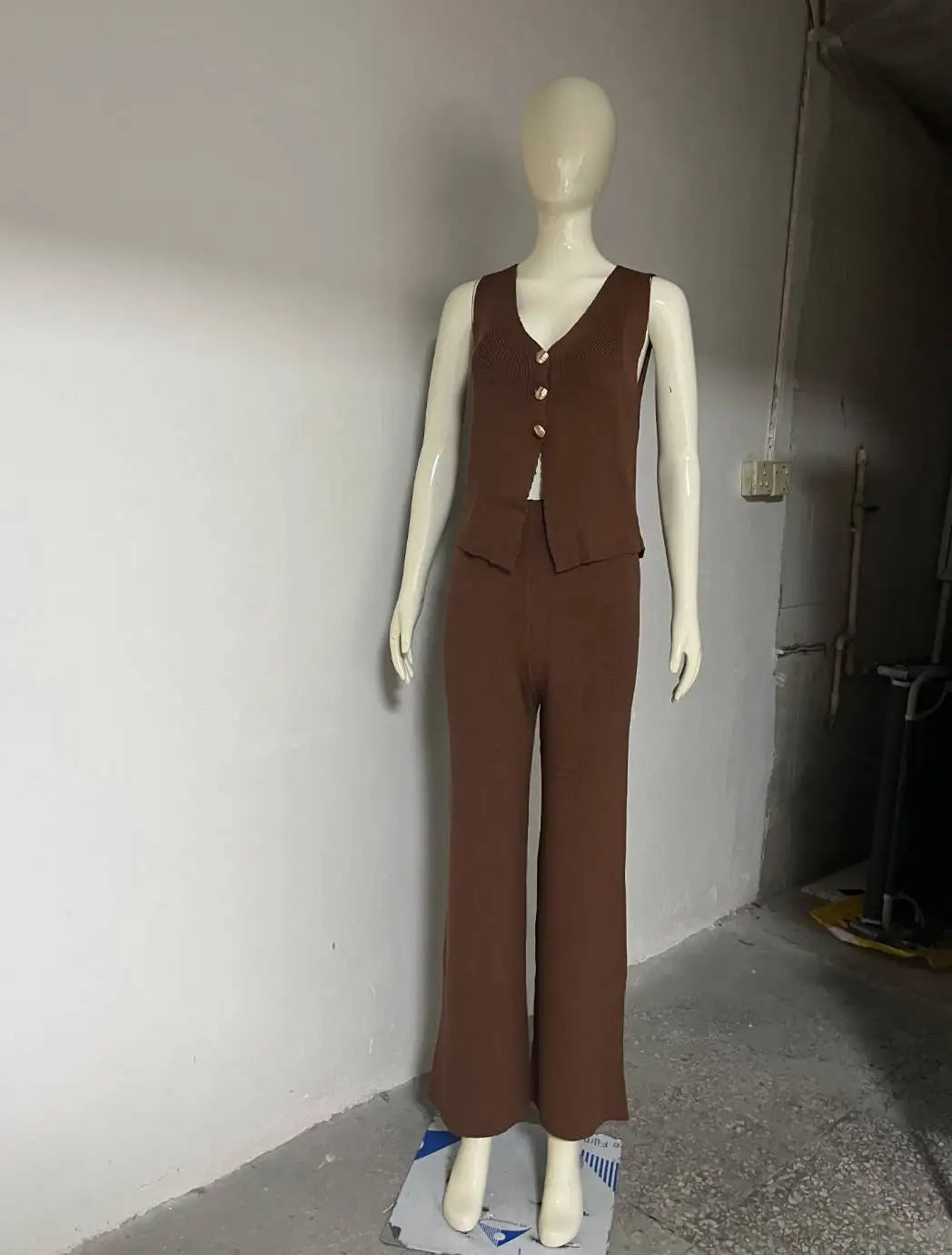 Knitwear Female 2 Piece-Set Straight Legg V-Neck Cropped Top