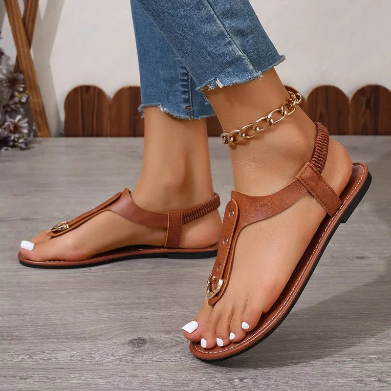 Thong Sandals for Women Simple Fashionable Flats Elastic Band Outdoor Beach Shoes