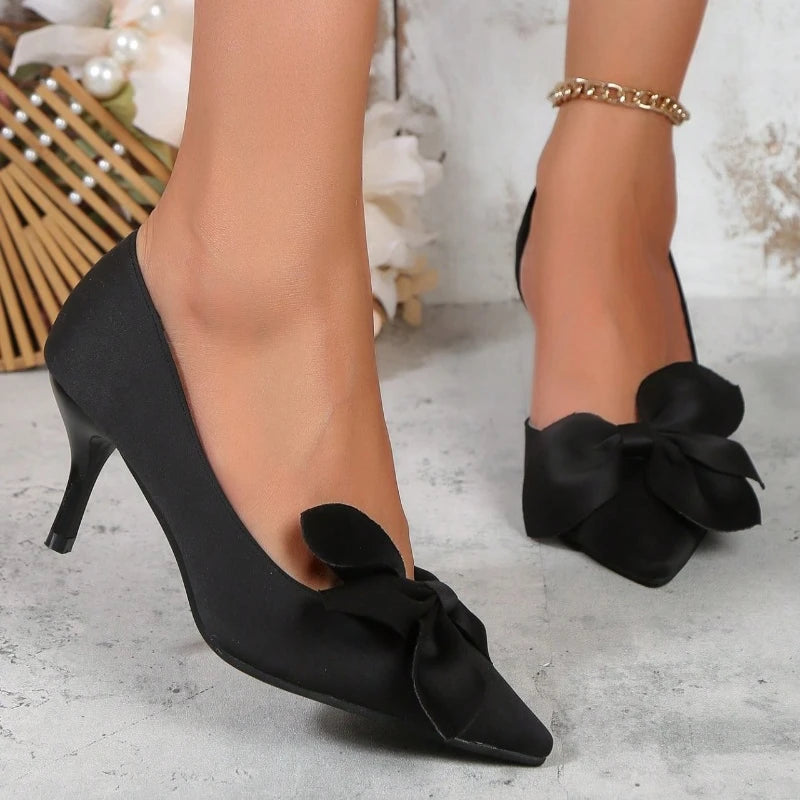 High Heels Shoes Pointy Shallow Mouth Bow High Heels Shoes for Women