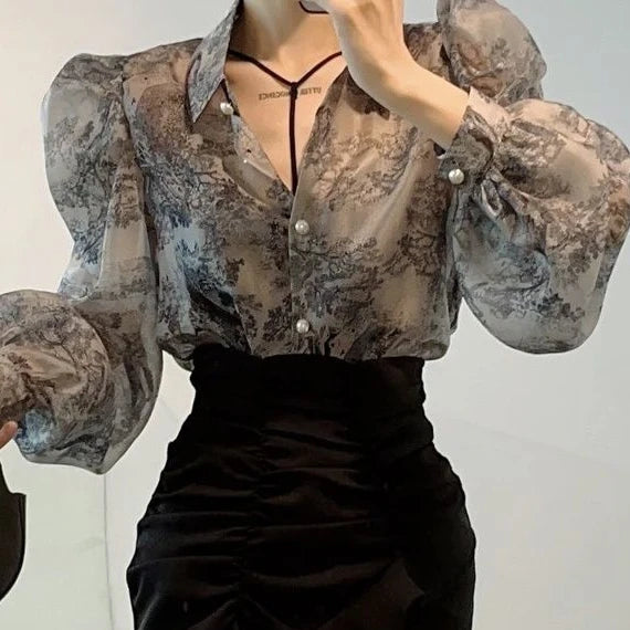 Floral Sweet Blouses for Women Loose Puff Sleeve Turn Down Collar Shirts