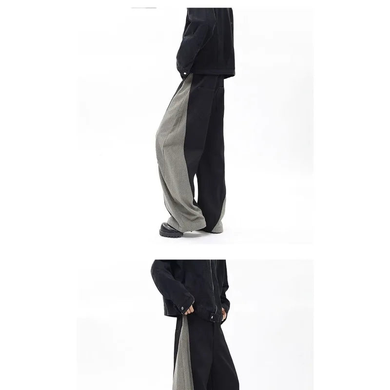 Men's Panel Wide-Leg Pants Contrast Herringbone Side Stripe Baggy Fit