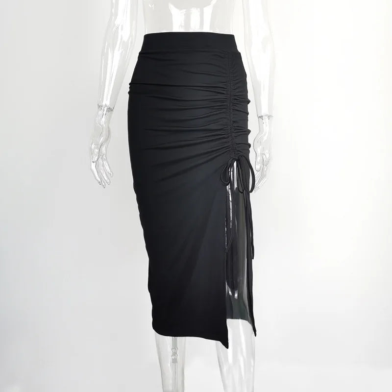 Women Sexy Slim Slit Elastic High Waist Pleated Skirt