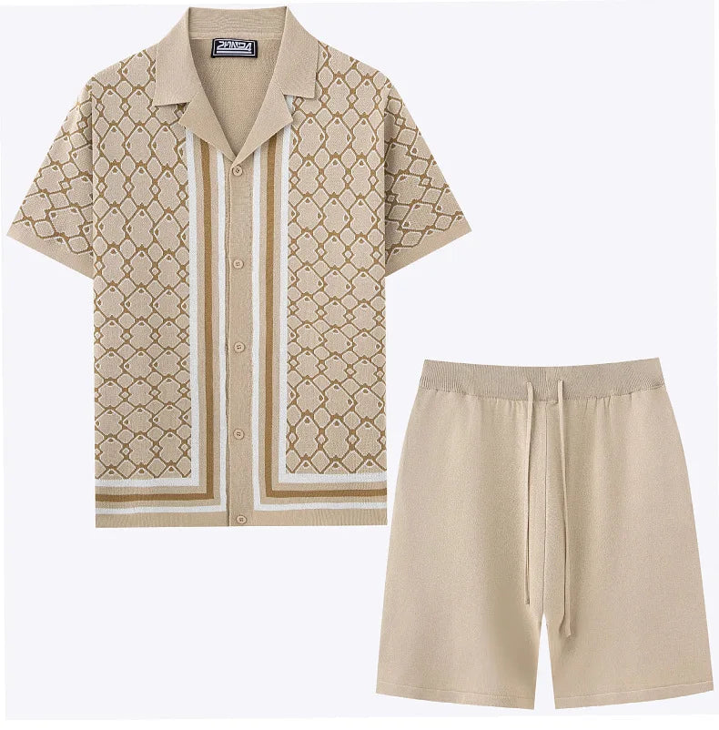 High-quality Jacquard Knitted Suits for Men Collar Knitted Shorts Sets