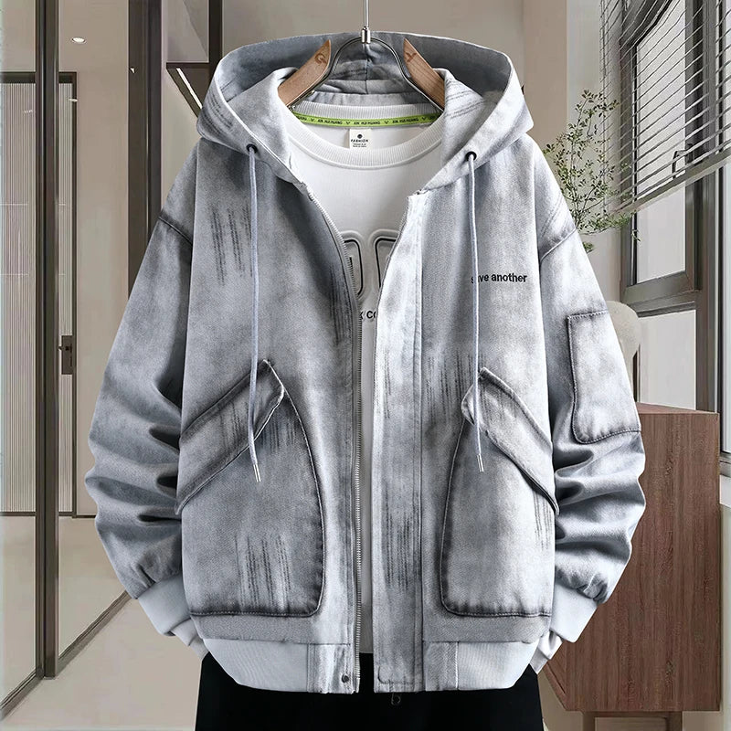 Men's Fashionable Denim Jacket - Cotton Blend Hooded Pullover