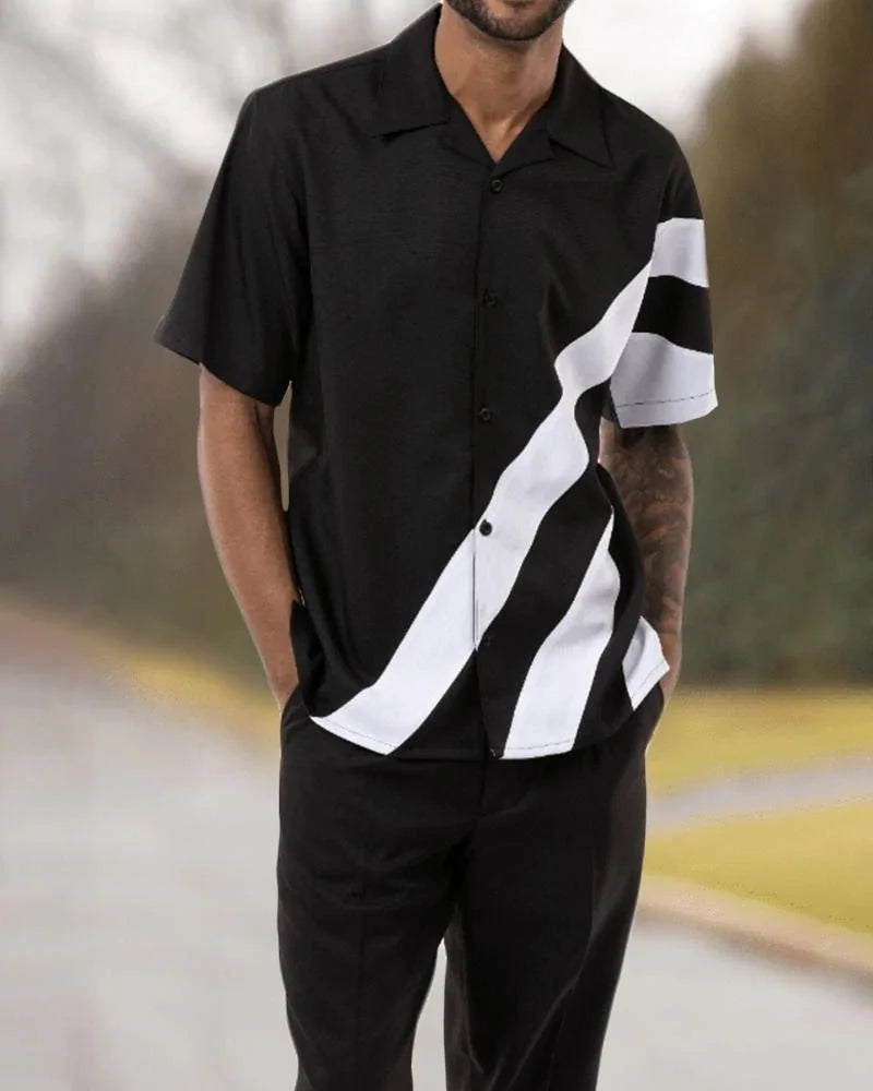 Men's 2-Piece Fashion Top + Pants Cafe Vertical and Horizontal Stripe