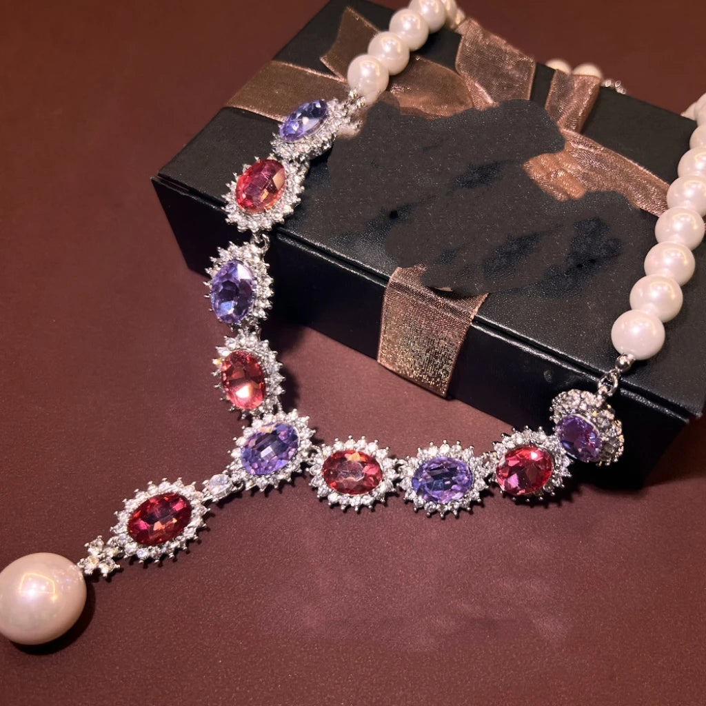 Retro Fashion Pearl Blue Stone Necklace Earrings