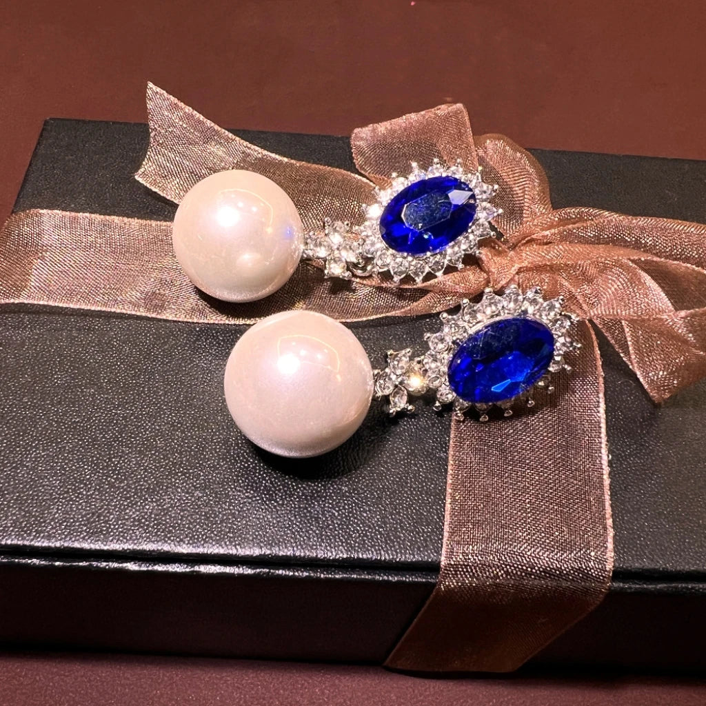 Retro Fashion Pearl Blue Stone Necklace Earrings