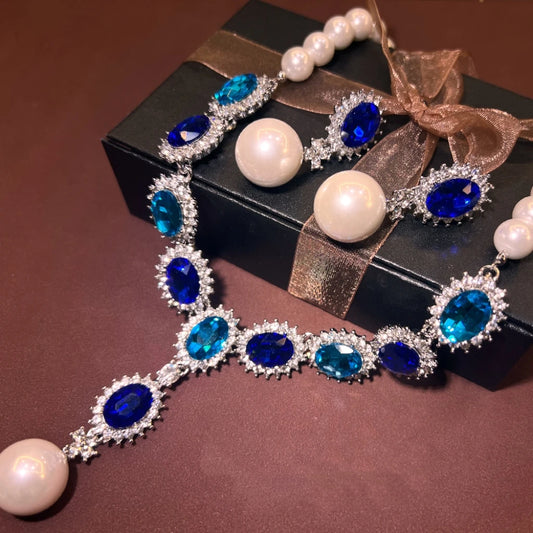 Retro Fashion Pearl Blue Stone Necklace Earrings