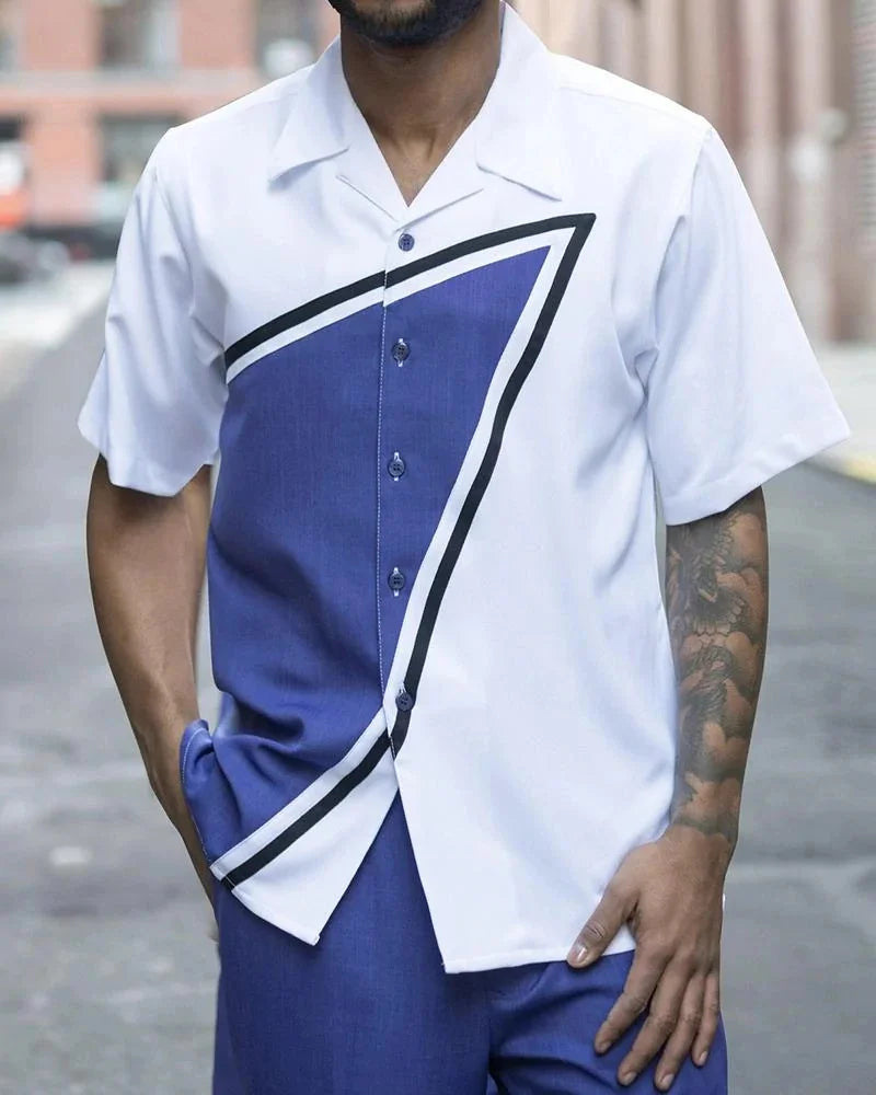 Men's 2-Piece Fashion Top + Pants Cafe Vertical and Horizontal Stripe