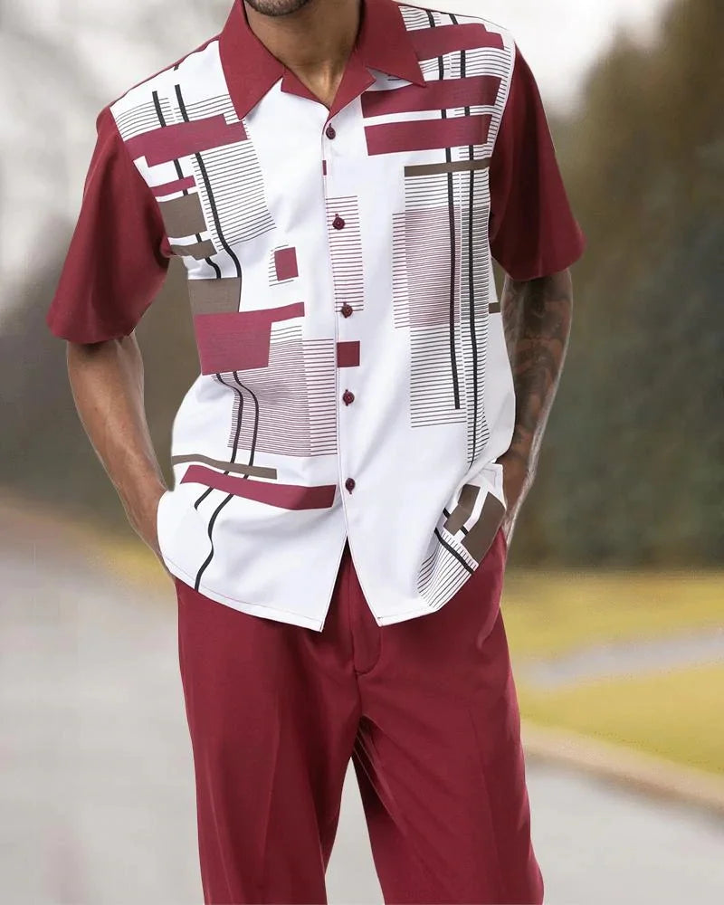 Men's 2-Piece Fashion Top + Pants Cafe Vertical and Horizontal Stripe
