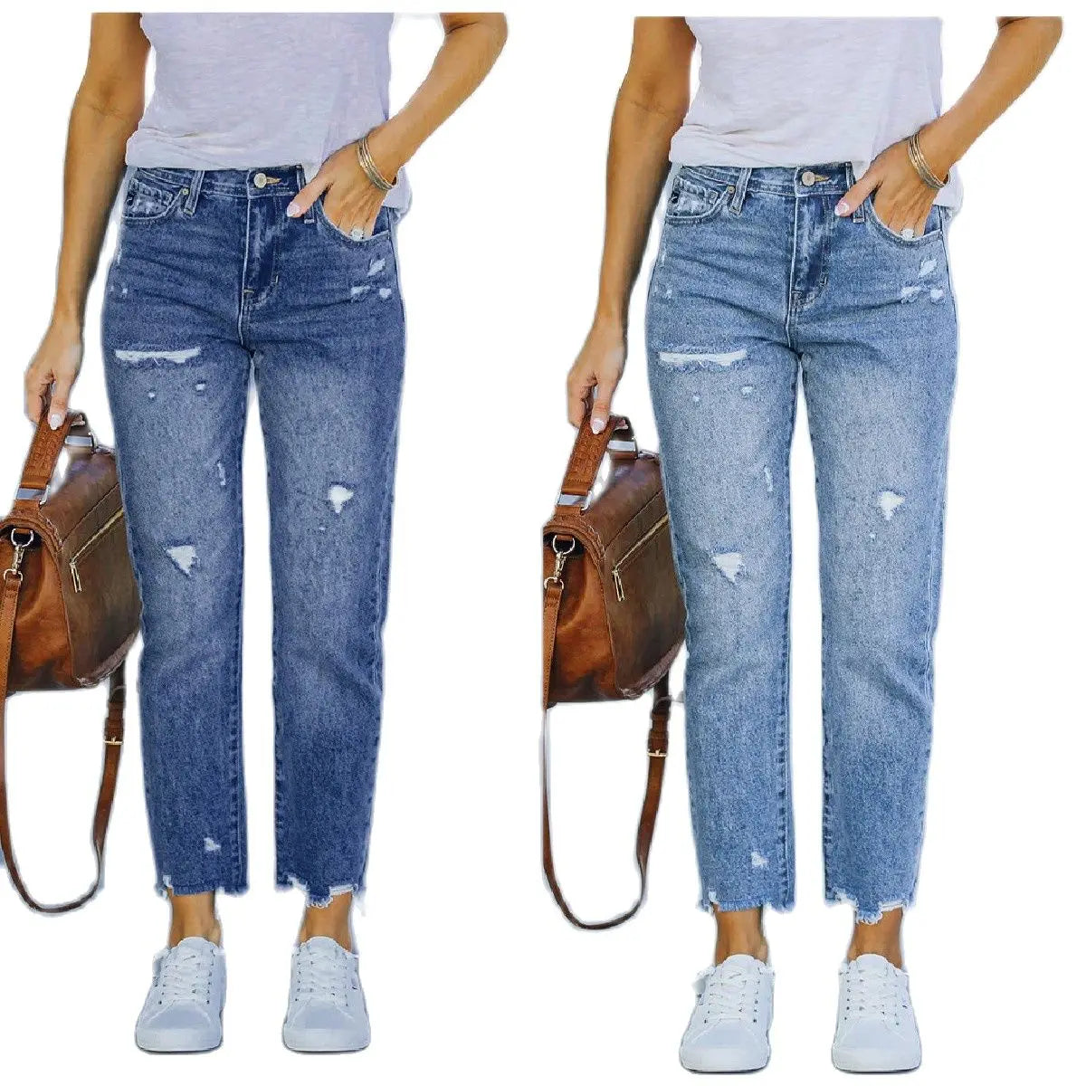 Women's Mid Waist Ripped Jeans Fashion Slim High Stretch Denim