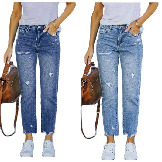 Women's Mid Waist Ripped Jeans Fashion Slim High Stretch Denim