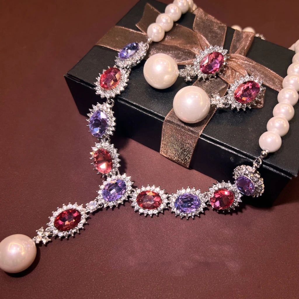 Retro Fashion Pearl Blue Stone Necklace Earrings
