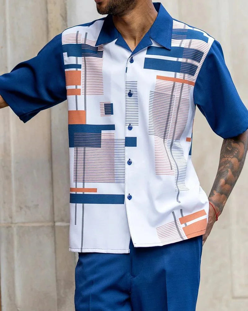 Men's 2-Piece Fashion Top + Pants Cafe Vertical and Horizontal Stripe