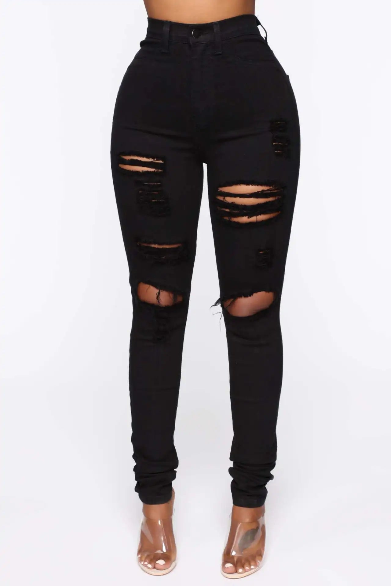 Black Ripped Jeans For Women High Waist Denim Pencil Pants