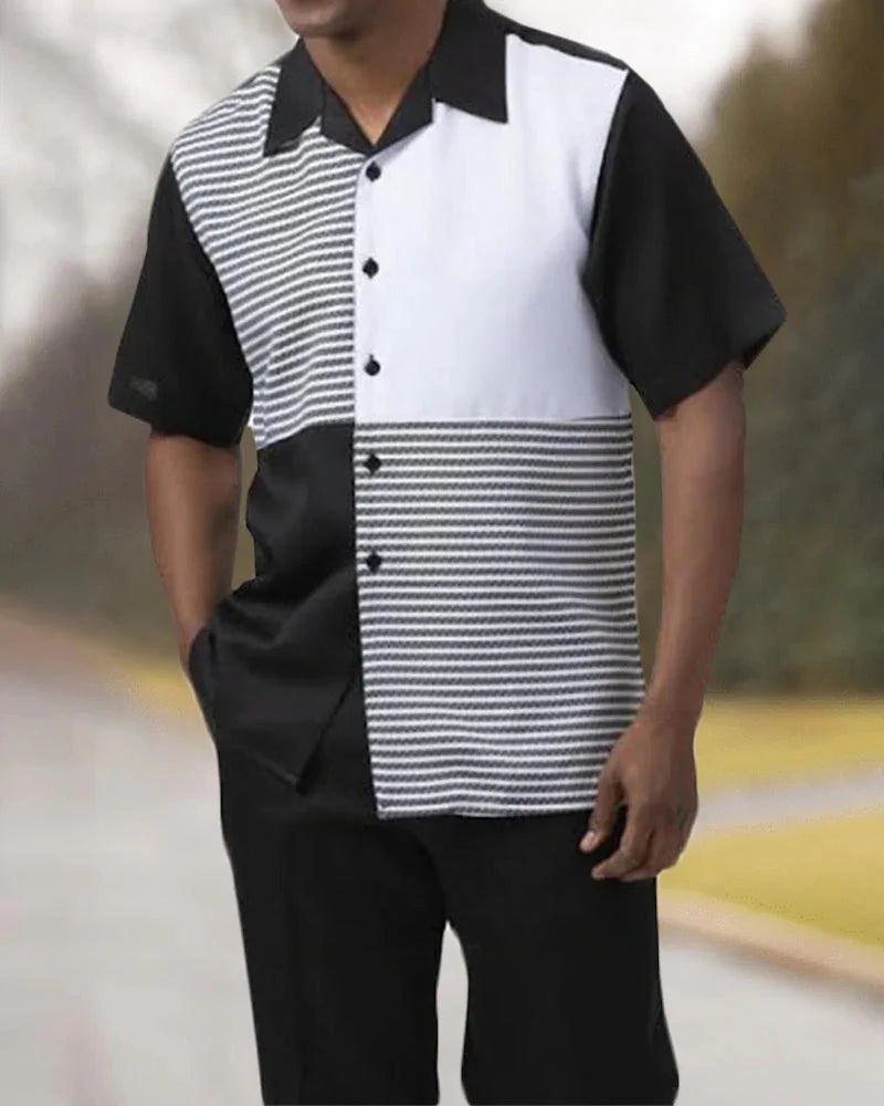 Men's 2-Piece Fashion Top + Pants Cafe Vertical and Horizontal Stripe