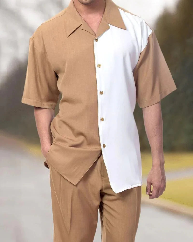 Men's 2-Piece Fashion Top + Pants Cafe Vertical and Horizontal Stripe