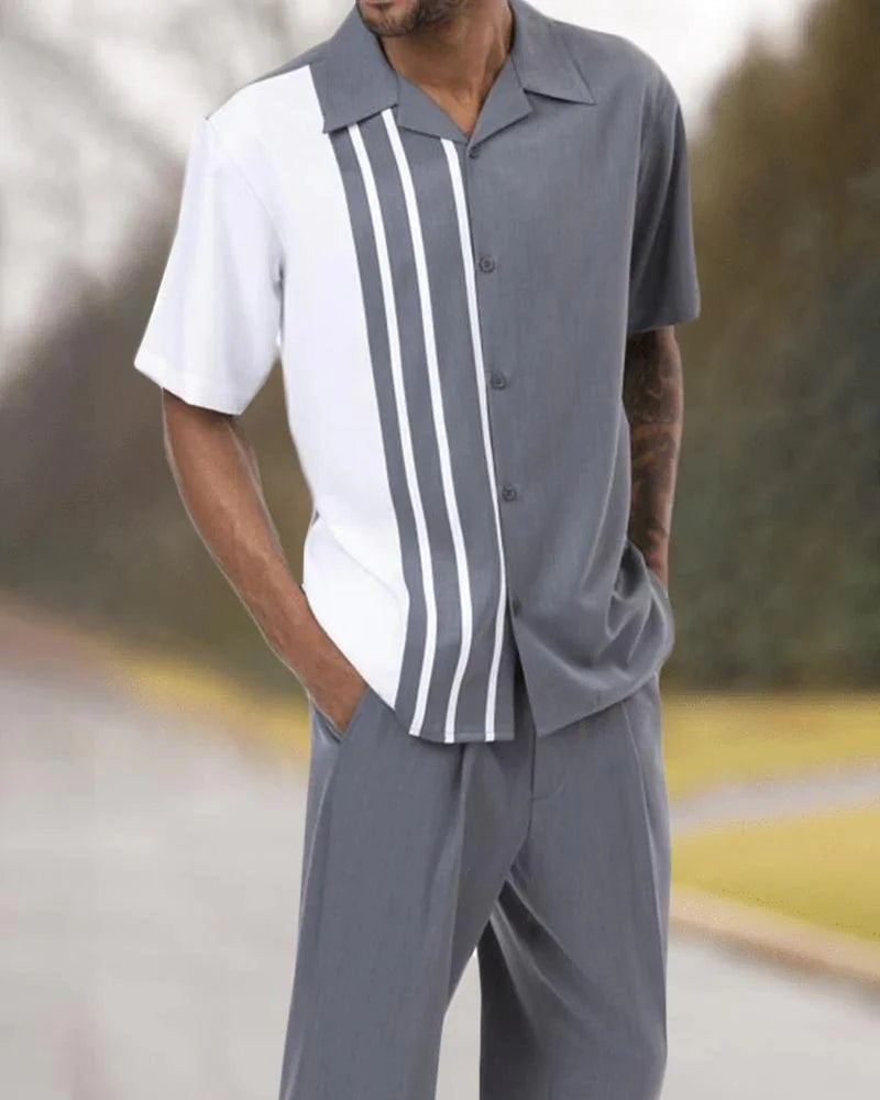 Men's 2-Piece Fashion Top + Pants Cafe Vertical and Horizontal Stripe