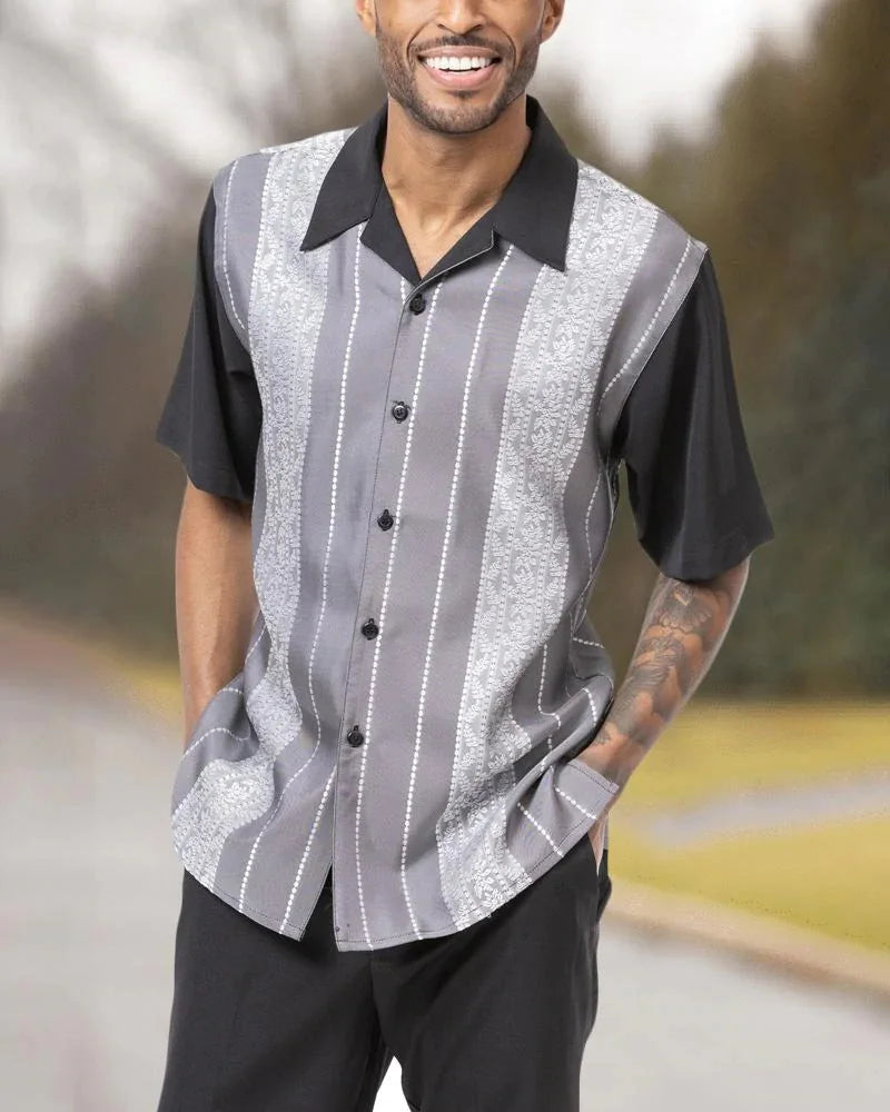 Men's 2-Piece Fashion Top + Pants Cafe Vertical and Horizontal Stripe