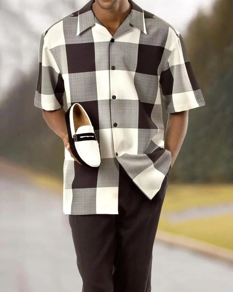 Men's 2-Piece Fashion Top + Pants Cafe Vertical and Horizontal Stripe