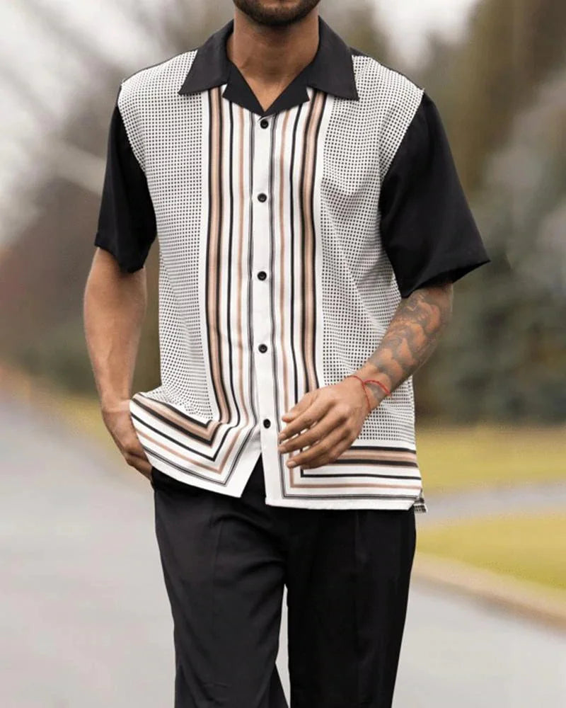 Men's 2-Piece Fashion Top + Pants Cafe Vertical and Horizontal Stripe