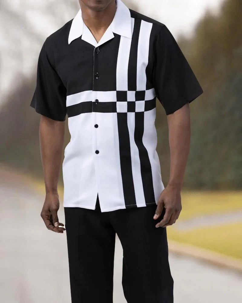 Men's 2-Piece Fashion Top + Pants Cafe Vertical and Horizontal Stripe