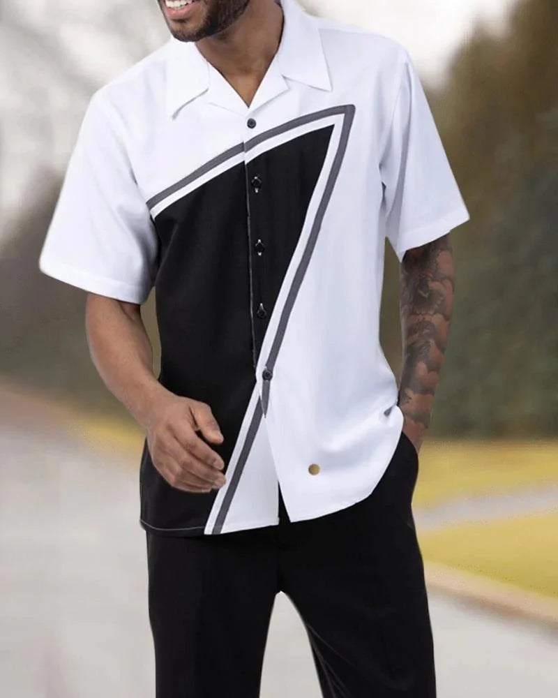 Men's 2-Piece Fashion Top + Pants Cafe Vertical and Horizontal Stripe