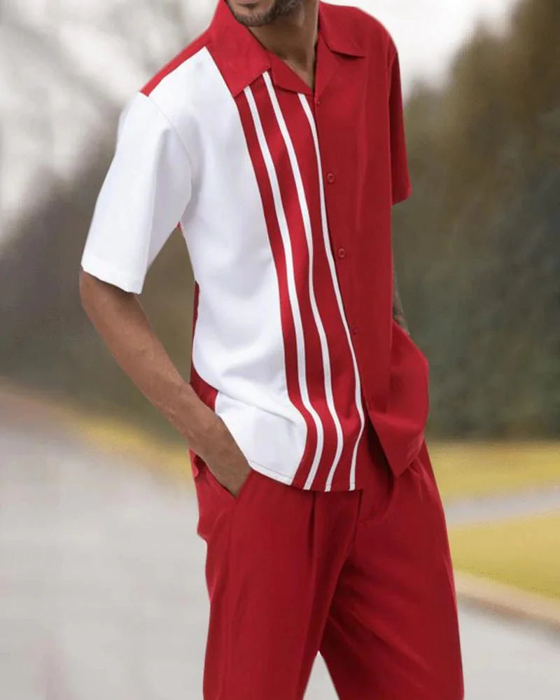 Men's 2-Piece Fashion Top + Pants Cafe Vertical and Horizontal Stripe