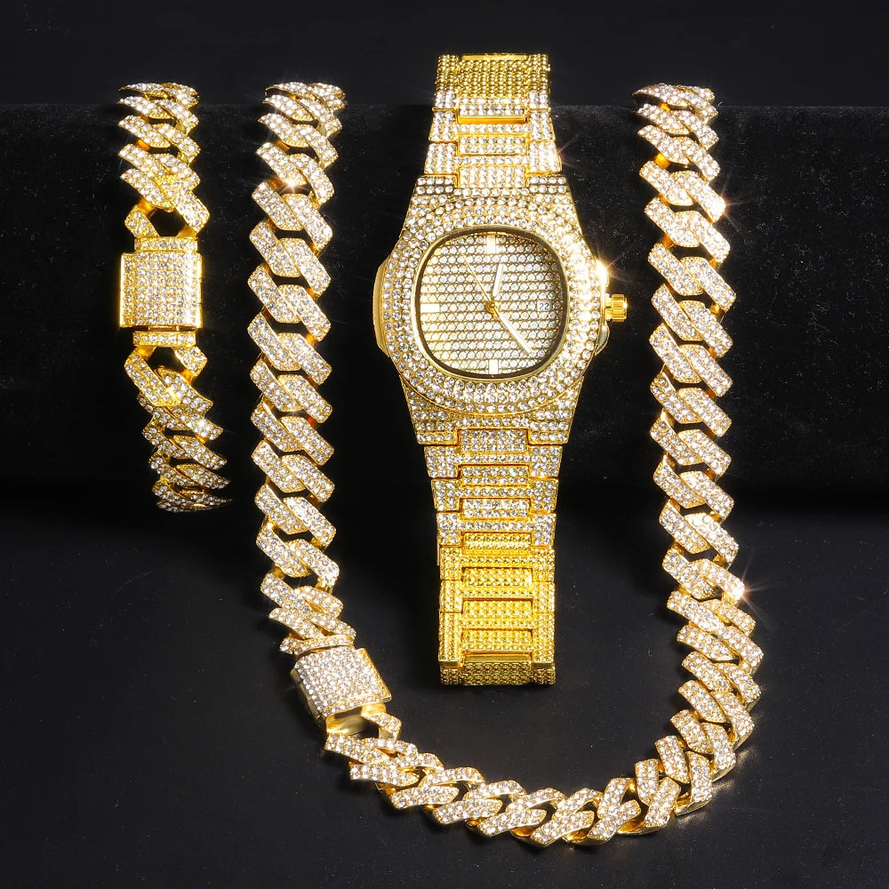 Gold Color Cuban Chain Watch for Men