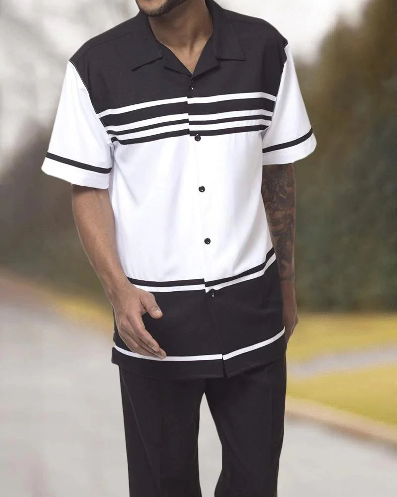 Men's 2-Piece Fashion Top + Pants Cafe Vertical and Horizontal Stripe