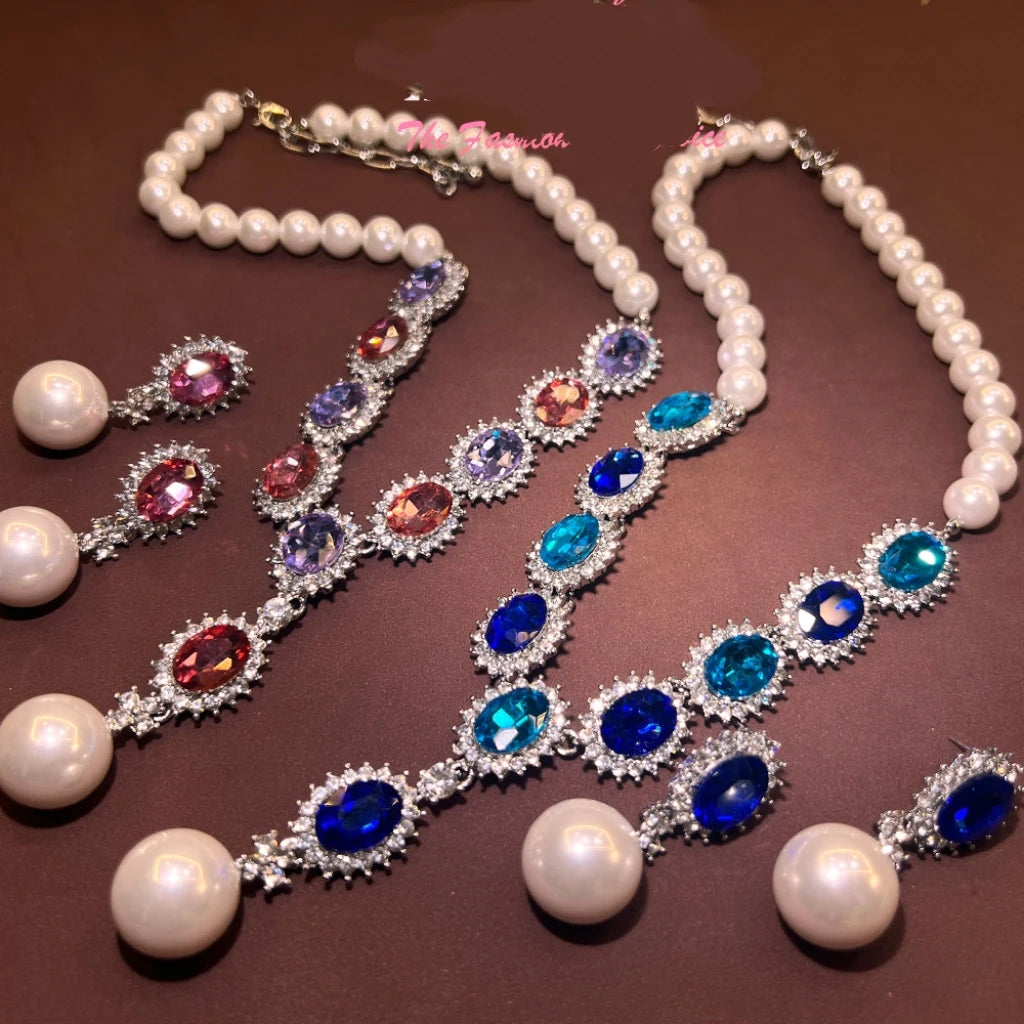 Retro Fashion Pearl Blue Stone Necklace Earrings