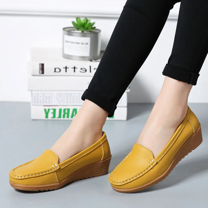 Women Flats  Genuine Leather Shoes Wedge Heels Women Loafers