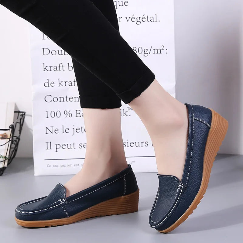 Women Flats  Genuine Leather Shoes Wedge Heels Women Loafers