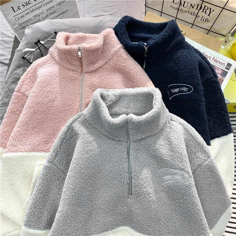 Women Patchwork Hoodies Stand Collar Lambswool Fashion