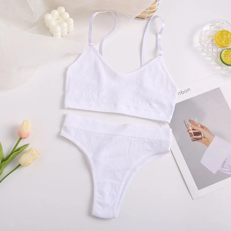 Women Bra Set Sexy Lingerie Female Underwear Set Bralette Ribbed Tops