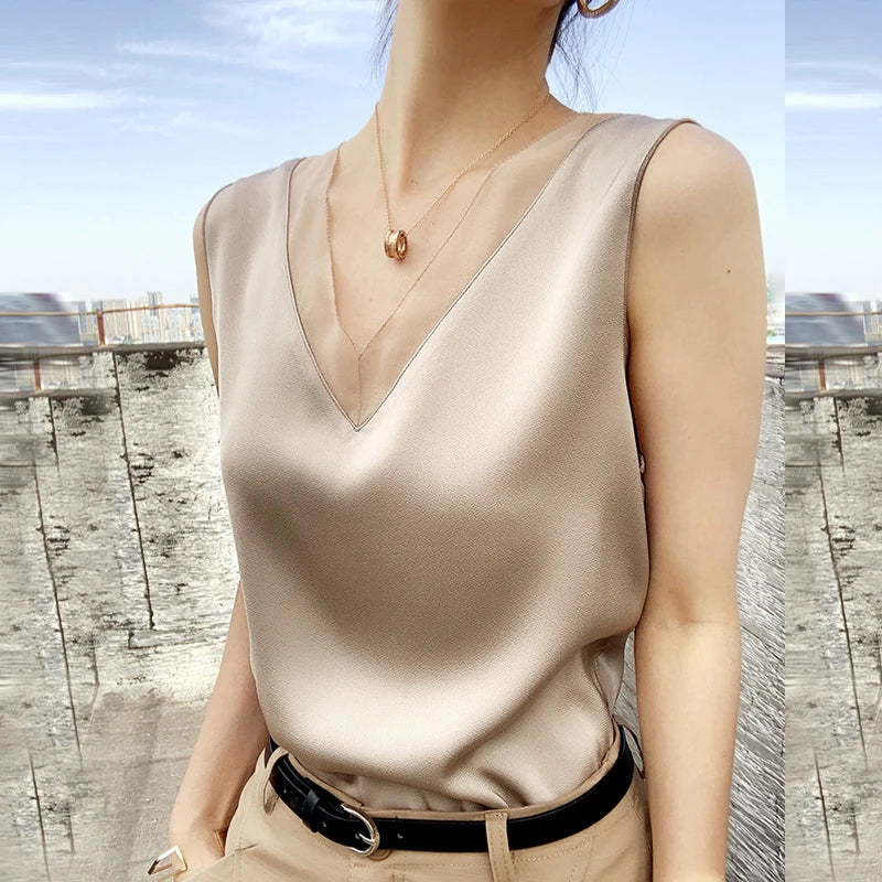 Women's Black Blouses Summer Elegant Tunic Vintage Office Satin Silk Blouse
