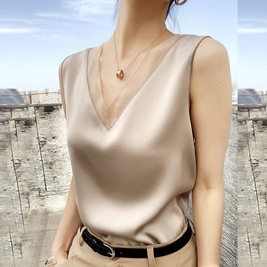Women's Black Blouses Summer Elegant Tunic Vintage Office Satin Silk Blouse