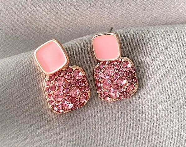 Silver Needle Purple Retro Square Rhinestone Red Earrings