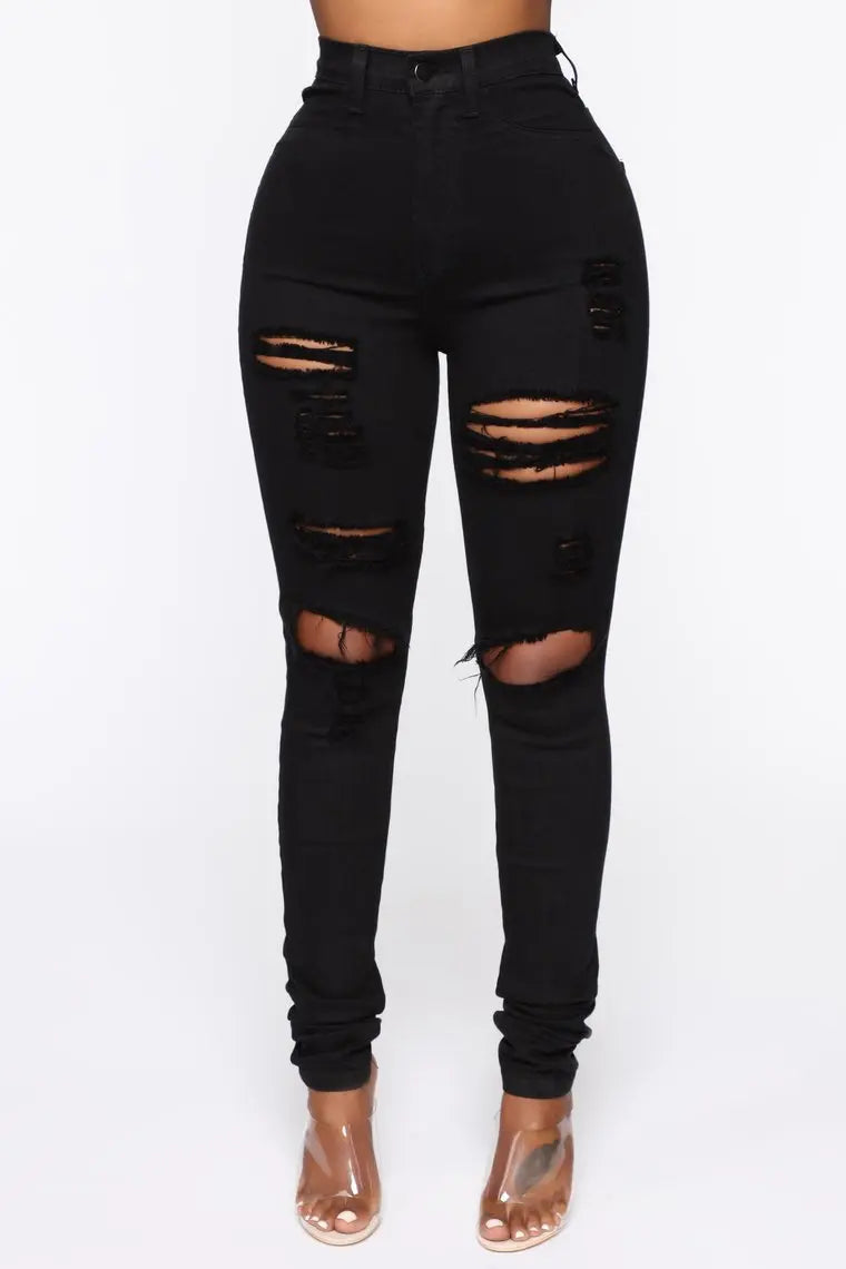 Black Ripped Jeans For Women High Waist Denim Pencil Pants