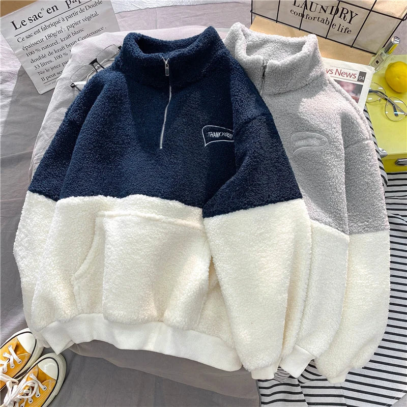 Women Patchwork Hoodies Stand Collar Lambswool Fashion