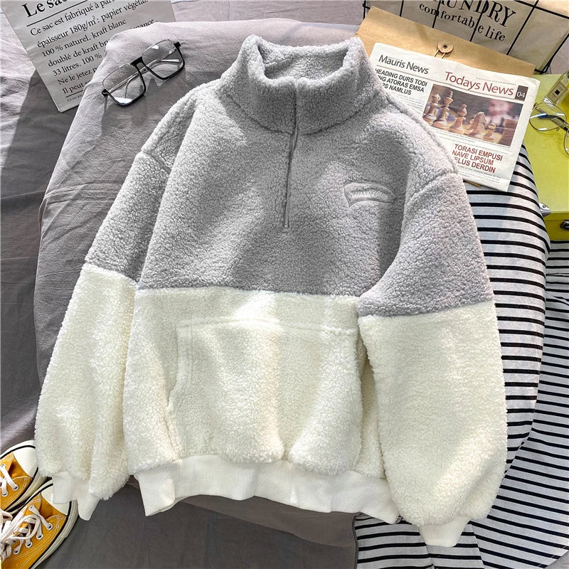 Women Patchwork Hoodies Stand Collar Lambswool Fashion