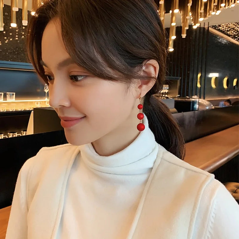 Red Pearl Long Tassel Earrings