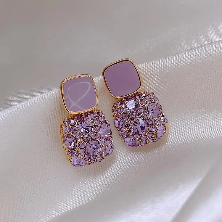 Silver Needle Purple Retro Square Rhinestone Red Earrings