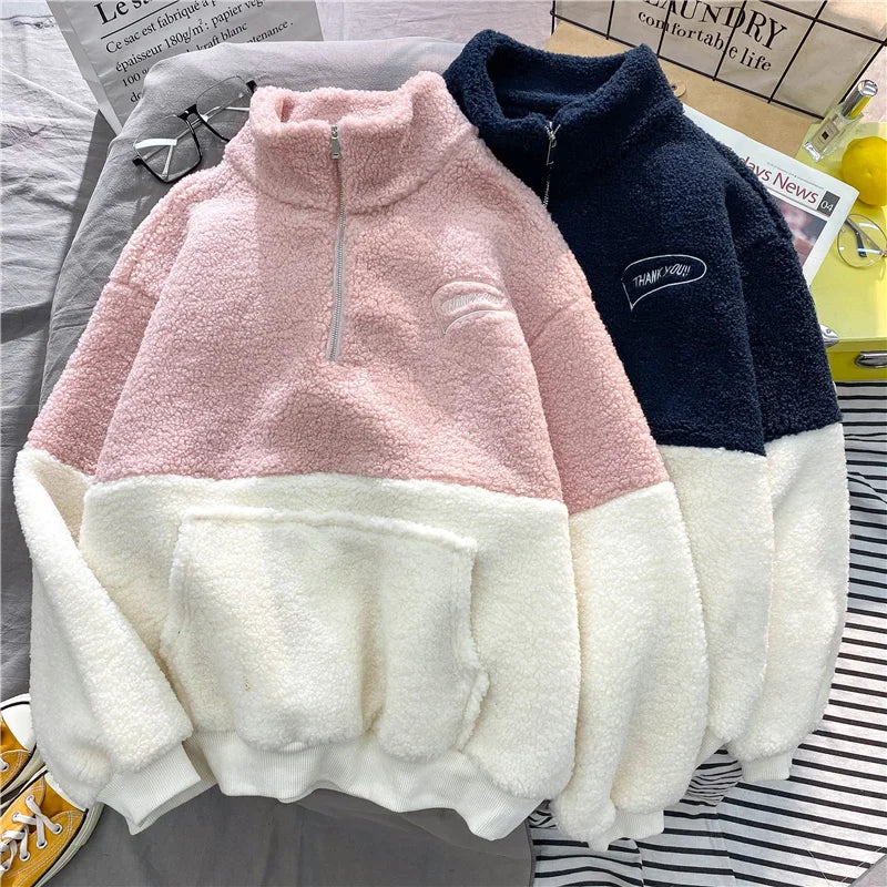Women Patchwork Hoodies Stand Collar Lambswool Fashion